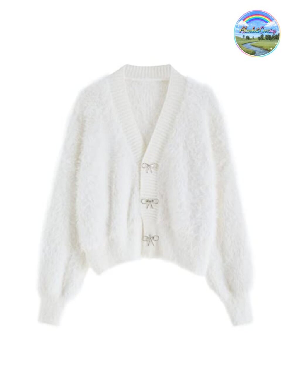 Crop Cardigan Sweater Bow Brooch Button Knit Bubble Sleeve V-Neck